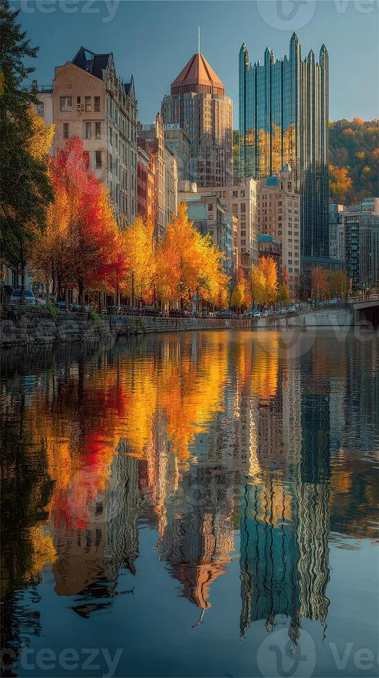 Autumn colors reflecting in the river with city skyline backdrop in Pittsburgh during golden hour photo