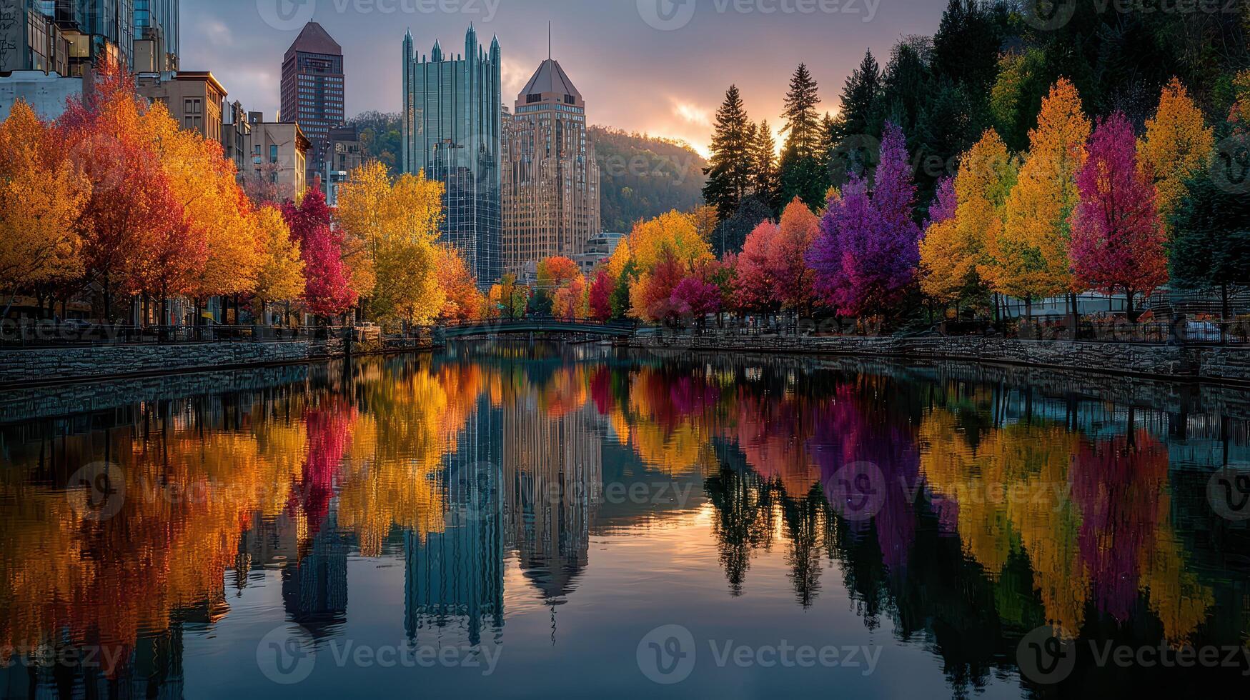 Colorful autumn foliage reflecting on a serene river with skyscrapers in the background during sunset in Pittsburgh photo