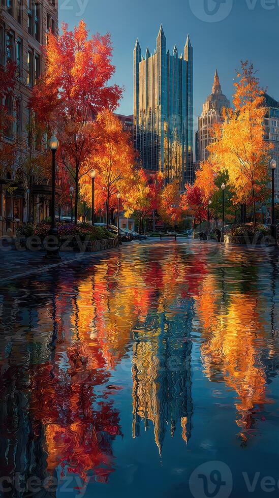 Autumn foliage reflects in lake with city skyline in the background during late afternoon in urban park photo