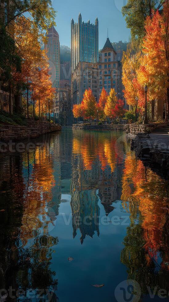 Colorful autumn reflections in city park with skyline in background on a clear day photo