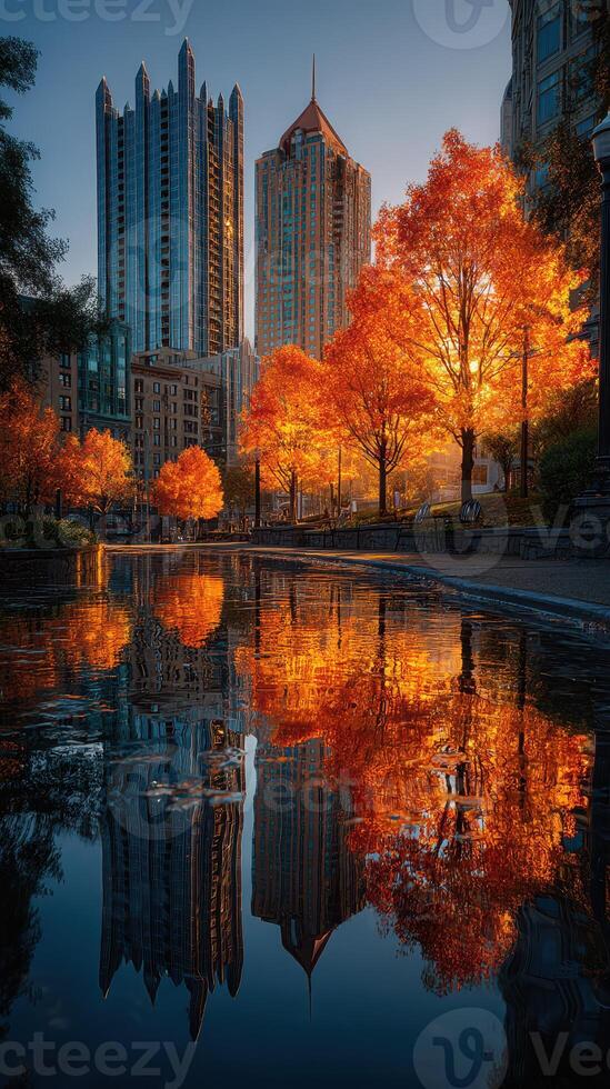 Stunning autumn foliage reflects in tranquil water near skyscrapers during sunset in an urban park photo