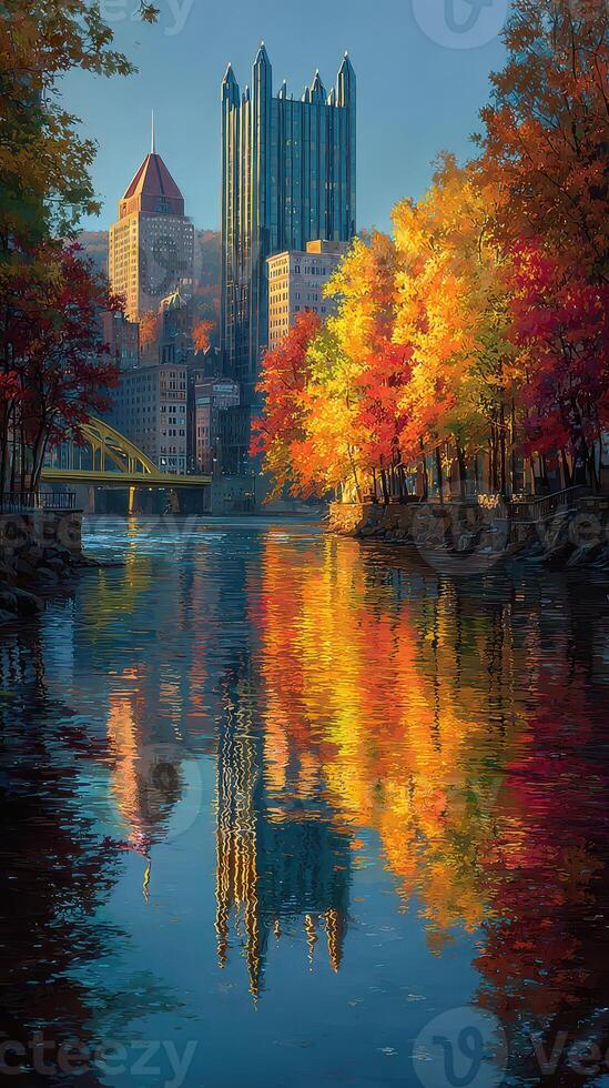 City skyline reflects in river during autumn season with vibrant trees in Pittsburgh photo