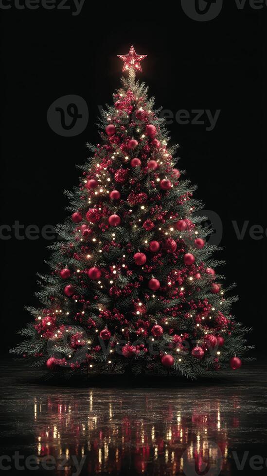 Beautifully decorated Christmas tree shining with red ornaments and lights against a dark background during the holiday season photo