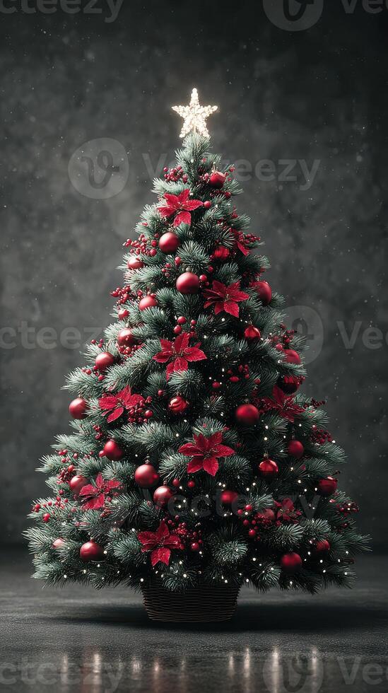 Elegant Christmas tree adorned with red decorations and a bright star against a dark backdrop photo