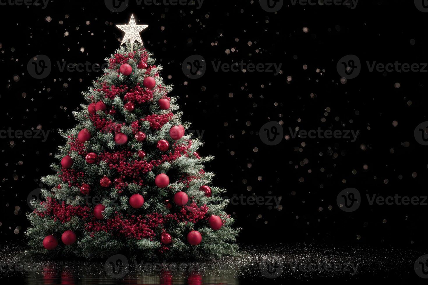 Beautifully decorated Christmas tree sparkling with red ornaments and a star on top against a dark backdrop creating a festive atmosphere photo