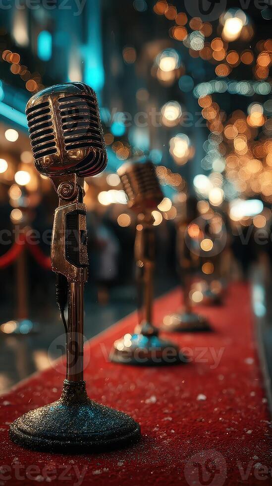 Vintage microphones line a red carpet at a glamorous evening event in a bustling city adorned with lights photo