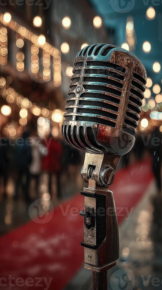 Vintage microphone stands ready for live performance at an evening outdoor event filled with twinkling lights photo