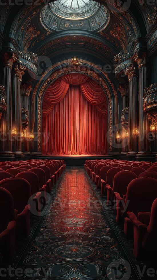 Elegant theater interior featuring red velvet seats and a crimson stage curtain before a dramatic performance photo