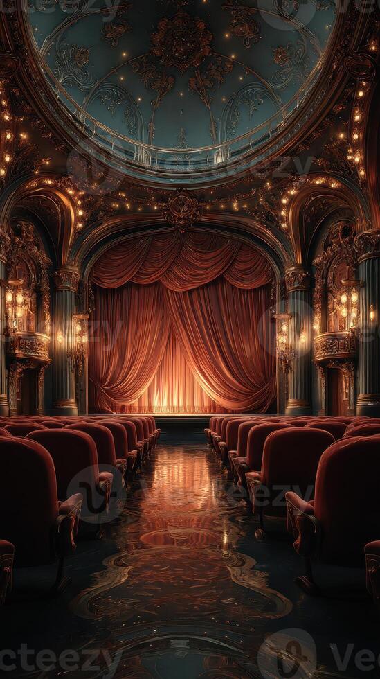 Luxurious theater interior with ornate decor and golden lights creating an inviting ambiance for performances photo