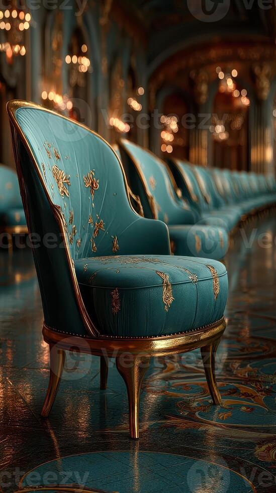 Elegant blue chairs decorated with gold embroidery in a luxurious hall illuminated by warm lights photo