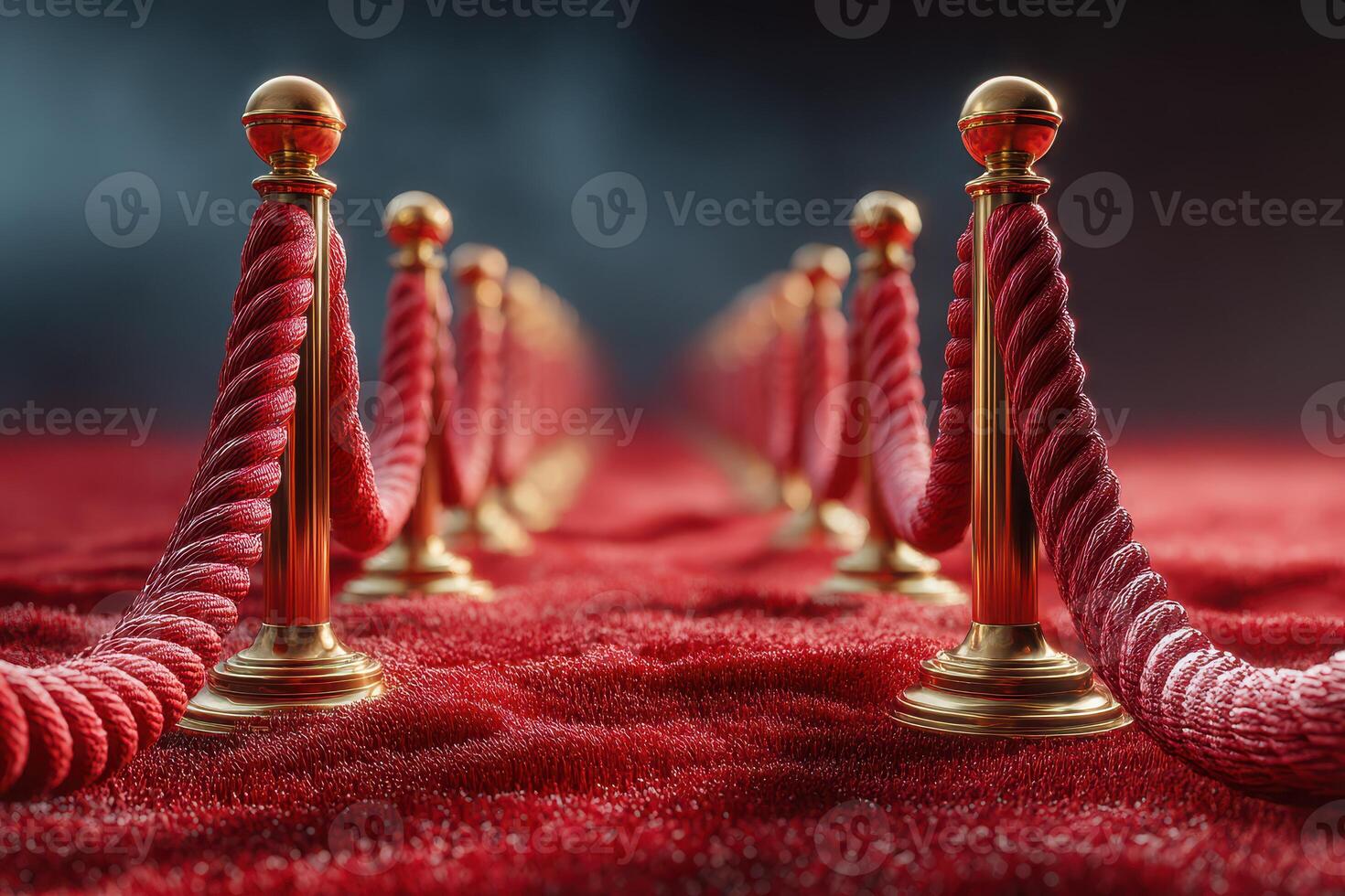 Red carpet with velvet ropes and golden stanchions creates an elegant entry for a prestigious event or celebration at night photo