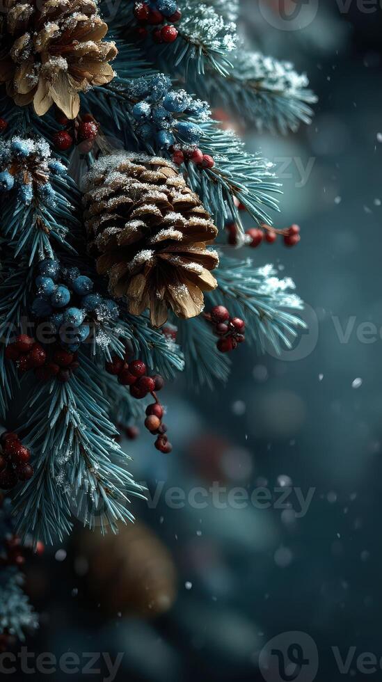 Winter decorations feature snowy pine cones and frosted branches against a deep blue background in a cozy setting photo