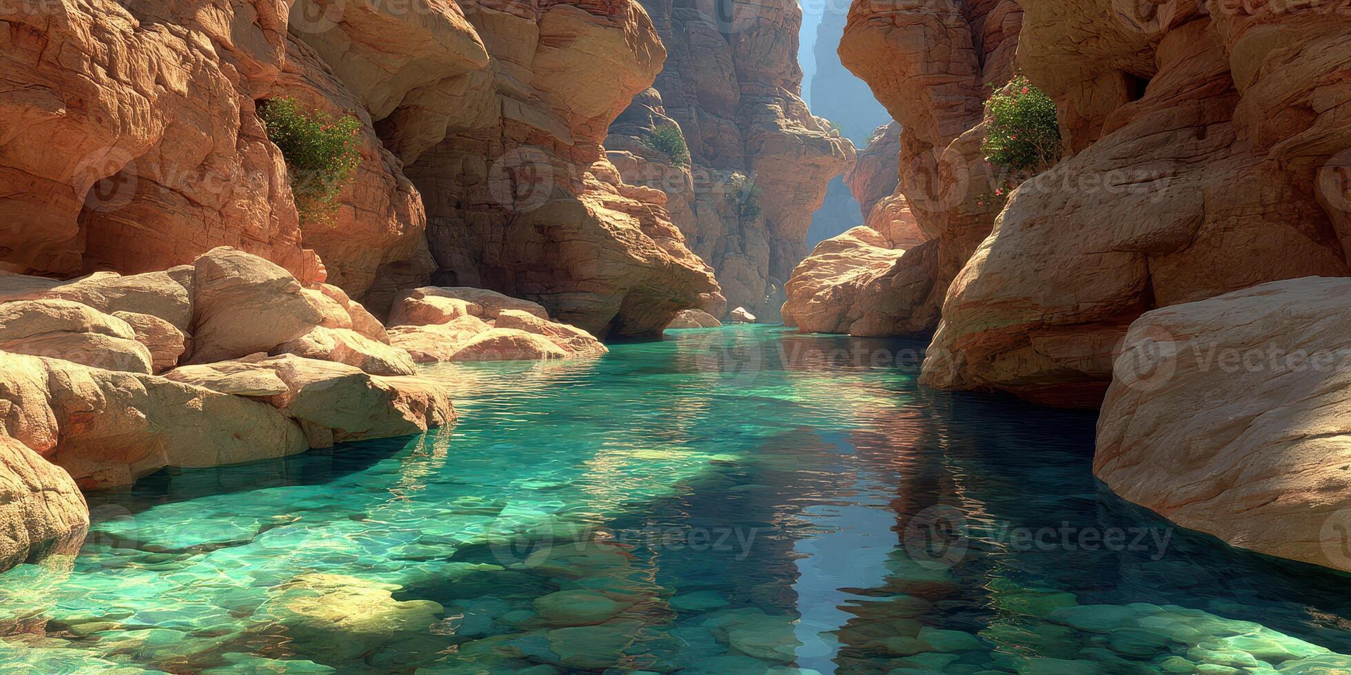 Serene canyon with crystal clear water reflecting sunlight in a tranquil natural landscape photo