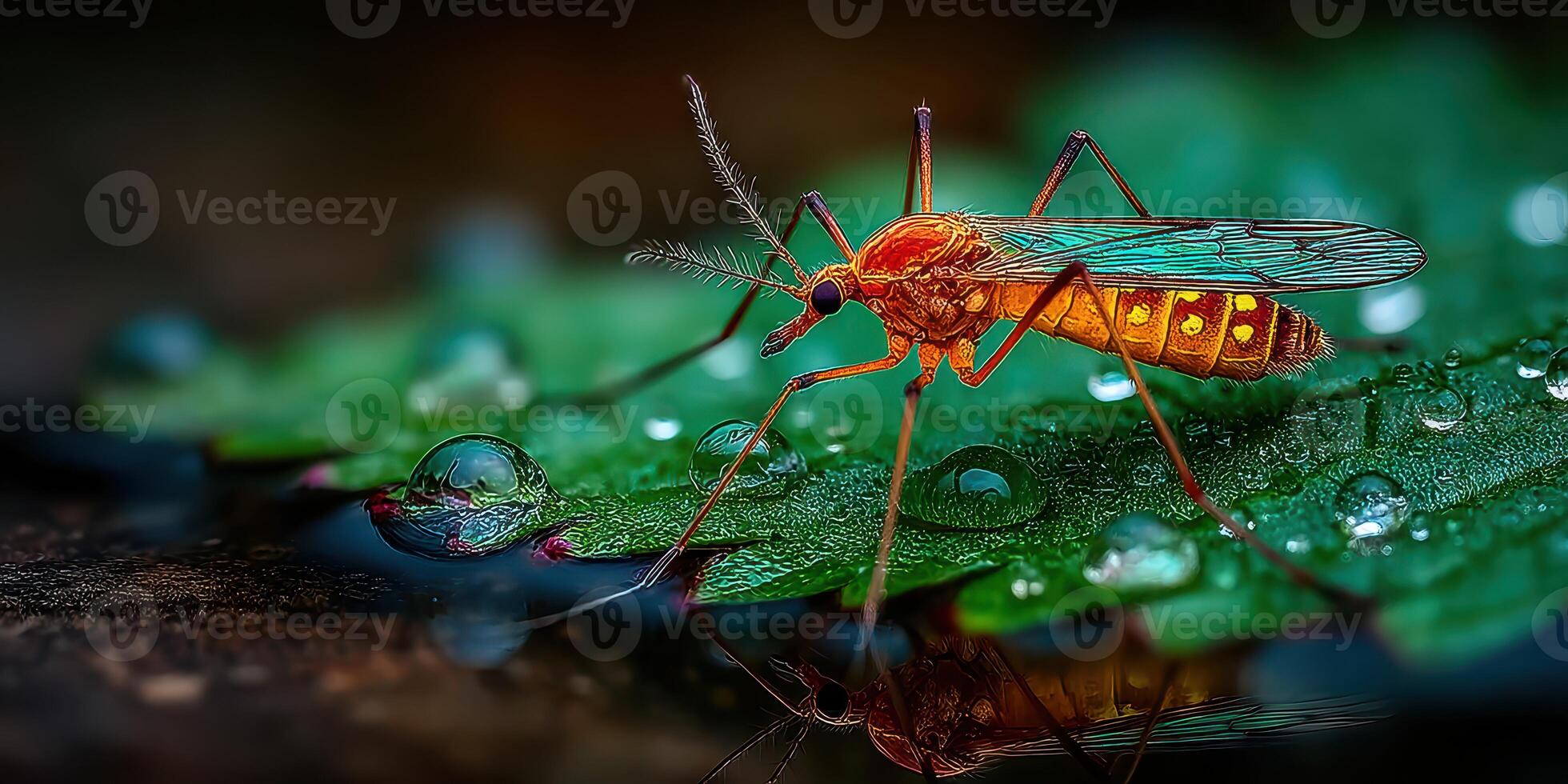 Close-up view of a colorful mosquito resting on a leaf with water droplets at dawn photo