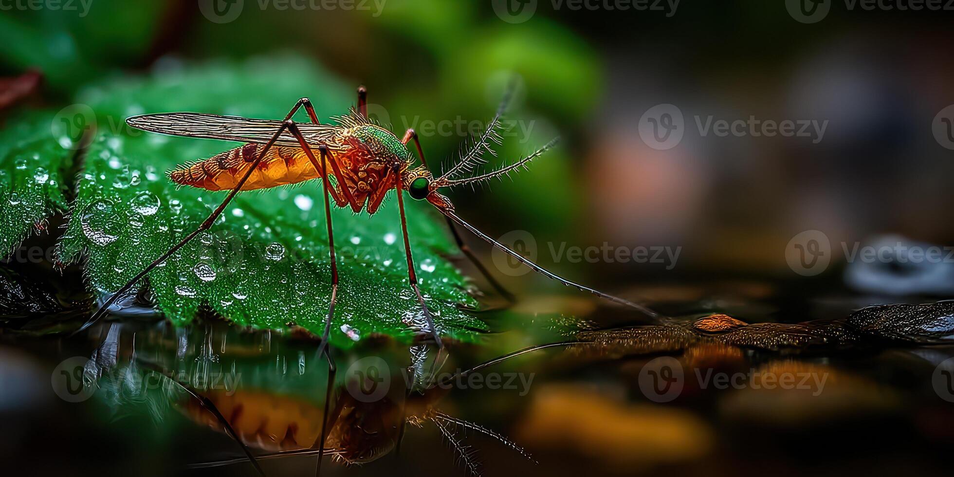 Close-up view of a mosquito resting on a leaf near a reflective water surface in a natural setting photo