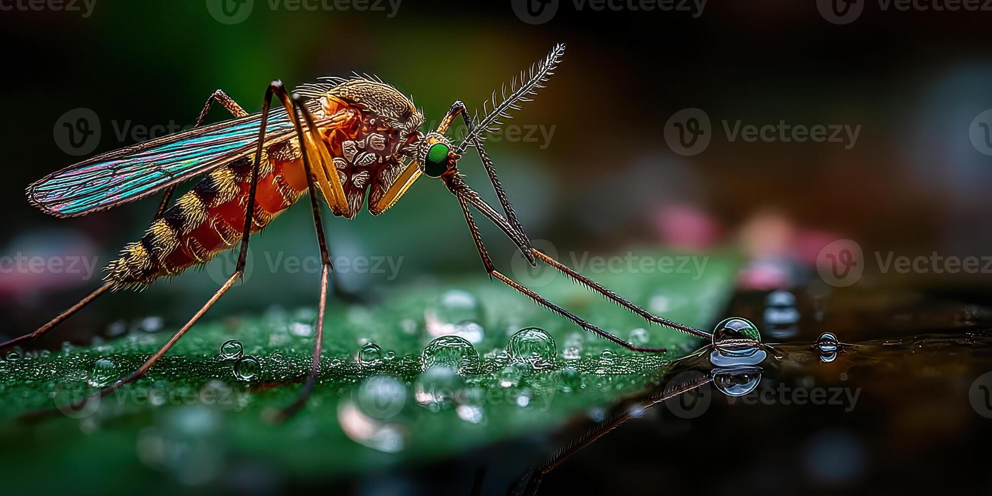 Close-up of a mosquito resting on a green leaf near droplets in a forest during early morning light photo
