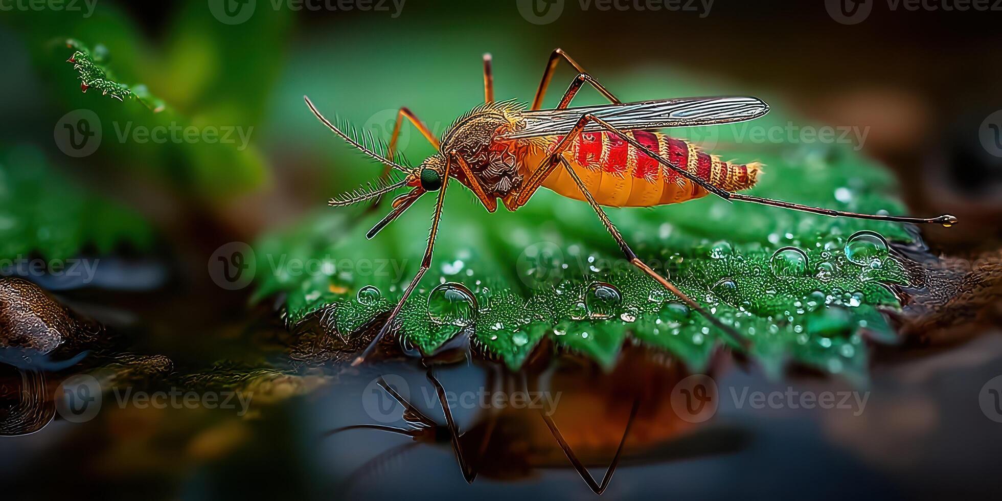 Colorful mosquito resting on a leaf near water droplets in a natural environment photo