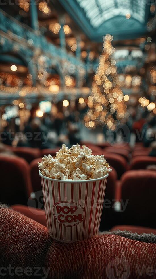 Cozy indoor atmosphere with popcorn in hand, bustling holiday crowd in the background photo