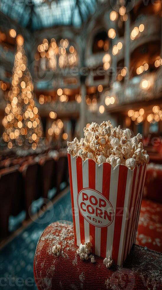 Popcorn on a seat in a grand theater adorned with soft Christmas lights during the holiday season photo