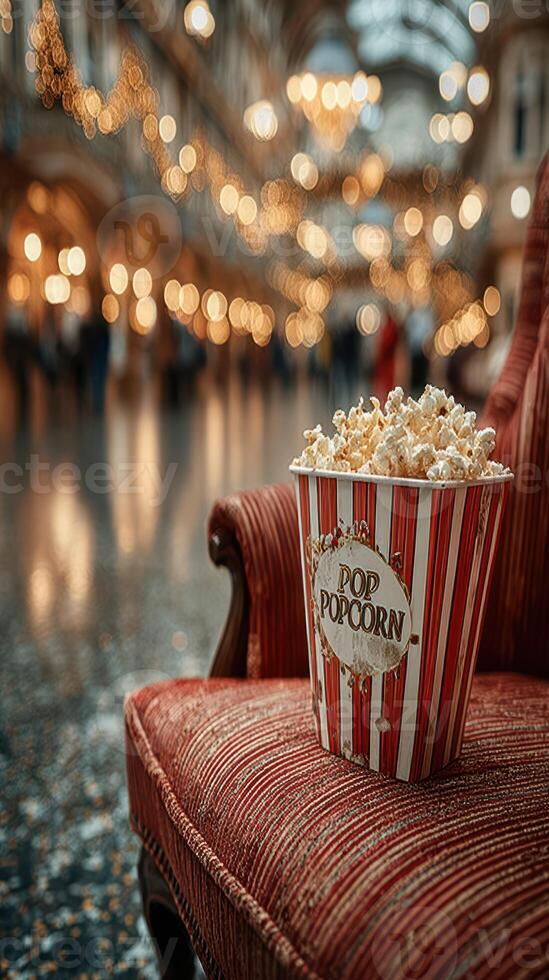 Popcorn bucket placed on a vintage chair in a lively hall decorated with warm lights during the evening photo