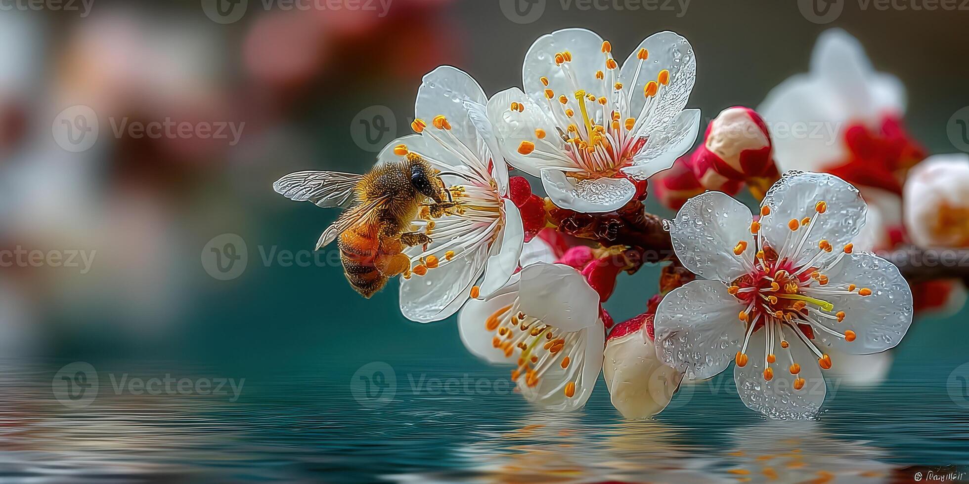Bee pollinating cherry blossoms during springtime in a serene garden setting near a calm water surface photo