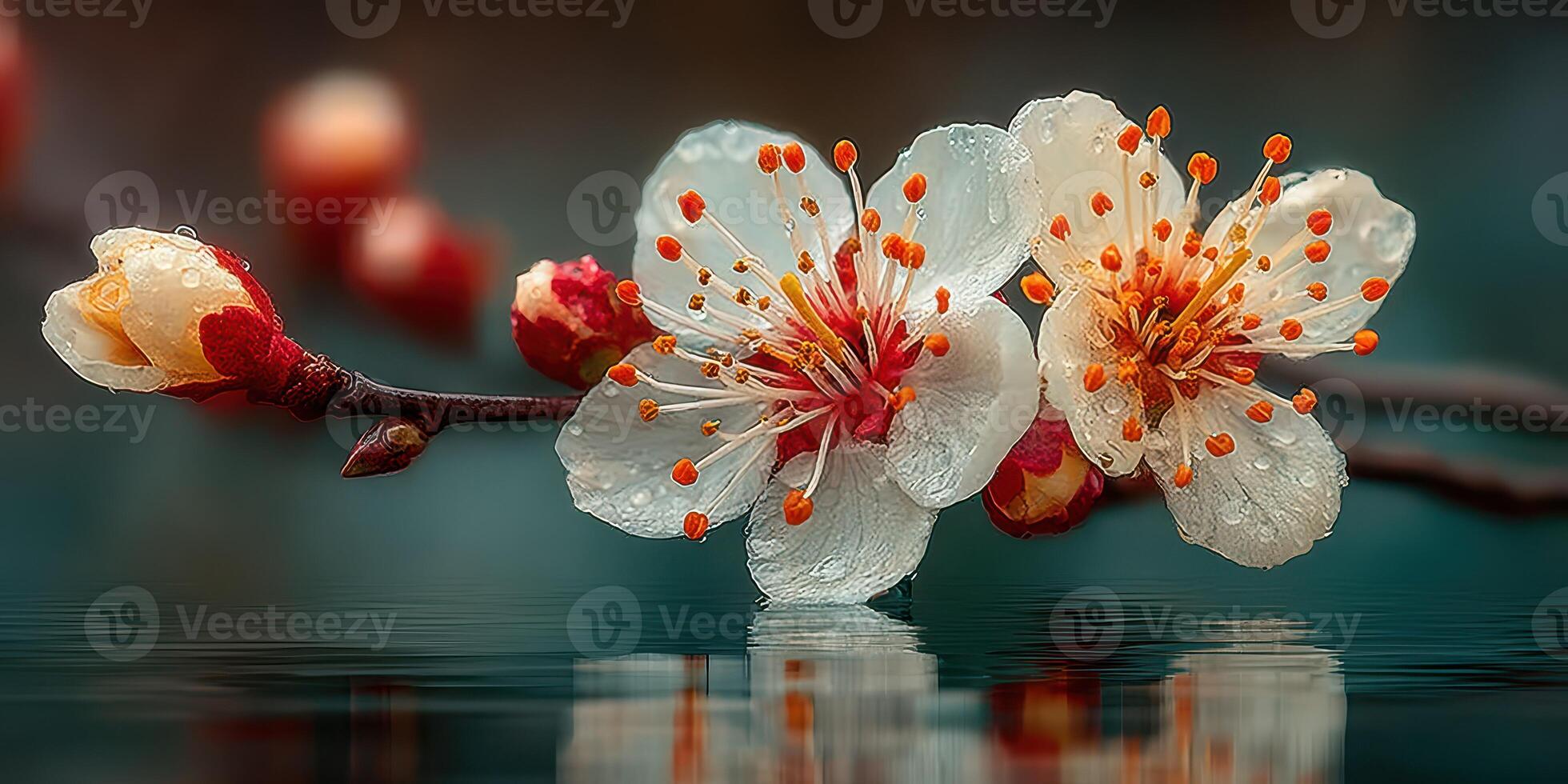 Delicate white and orange cherry blossoms reflect on water in springtime at a tranquil garden photo
