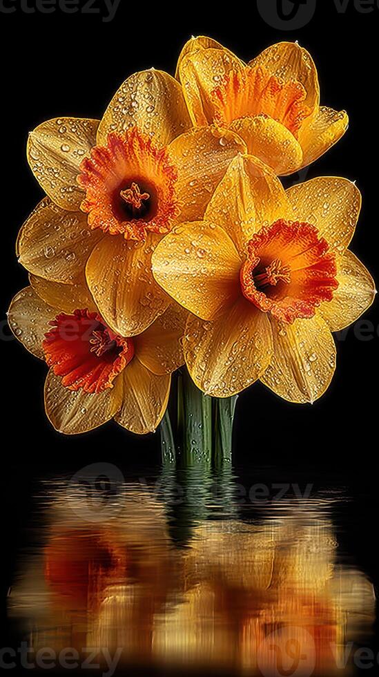 Vibrant daffodils with water droplets reflecting in a dark setting create a stunning floral arrangement photo