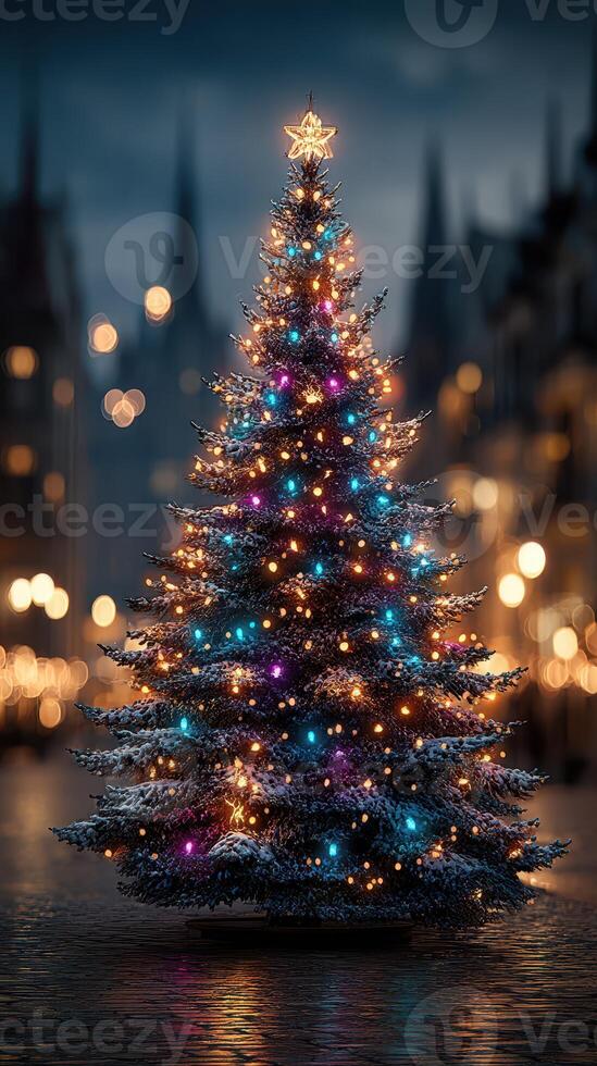 Beautifully lit Christmas tree adorned with colorful lights in a festive urban setting during winter evening photo