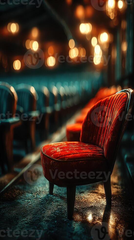 Vintage red chair in an elegant setting with ambient lighting and blurred background creating a cozy atmosphere photo