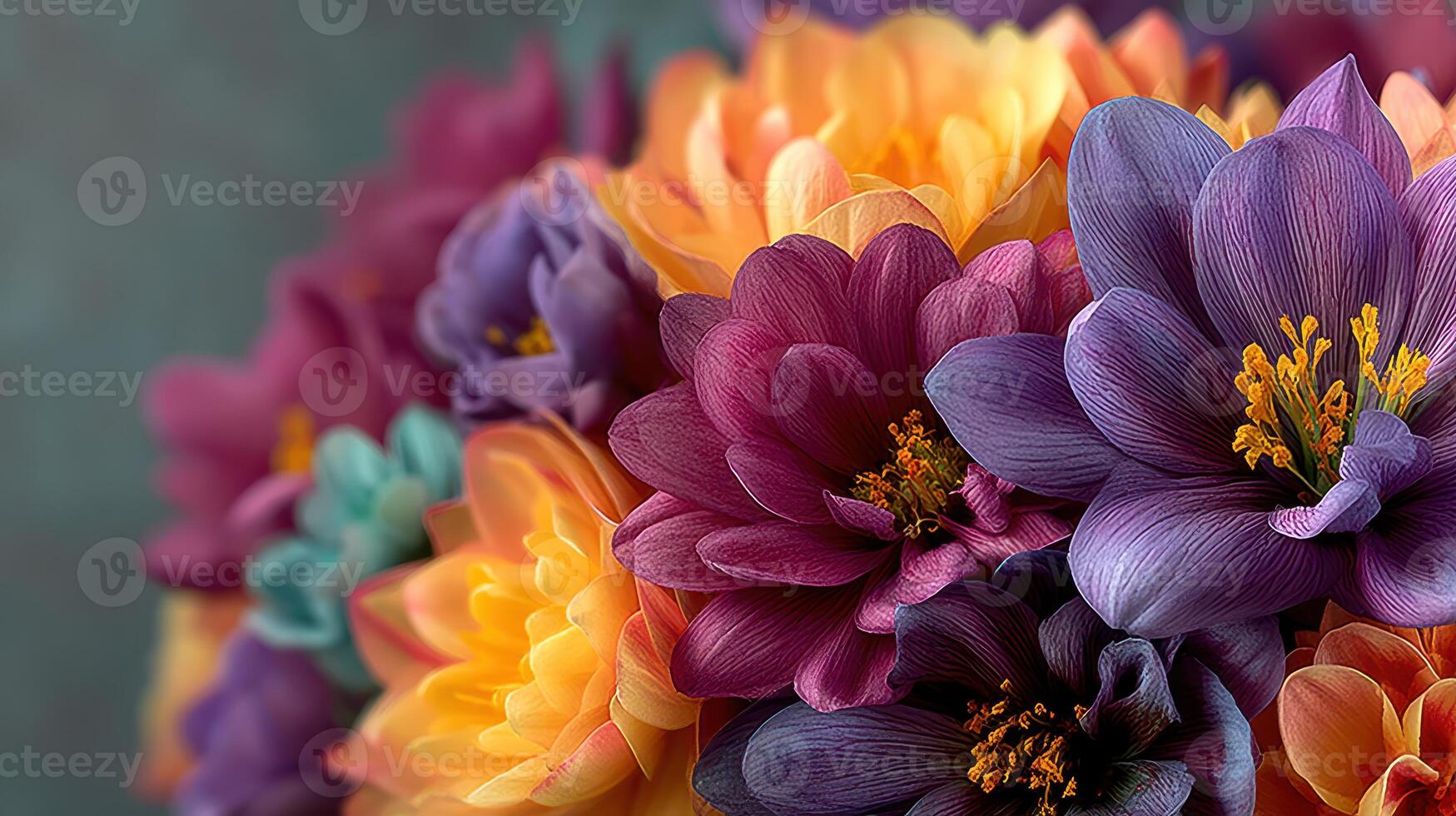 Vibrant arrangement of colorful flowers in a close-up view showcasing intricate details and textures photo