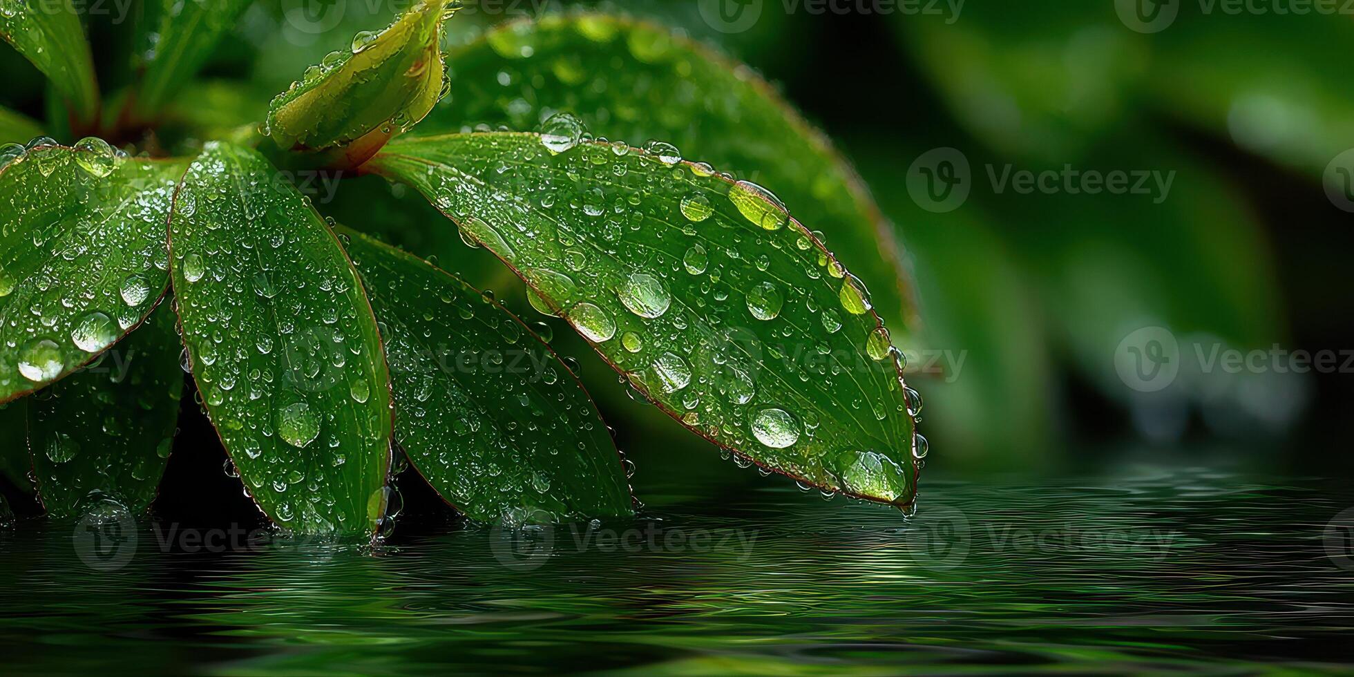 Close-up view of dew-covered green leaves reflecting in calm water during early morning sunlight photo