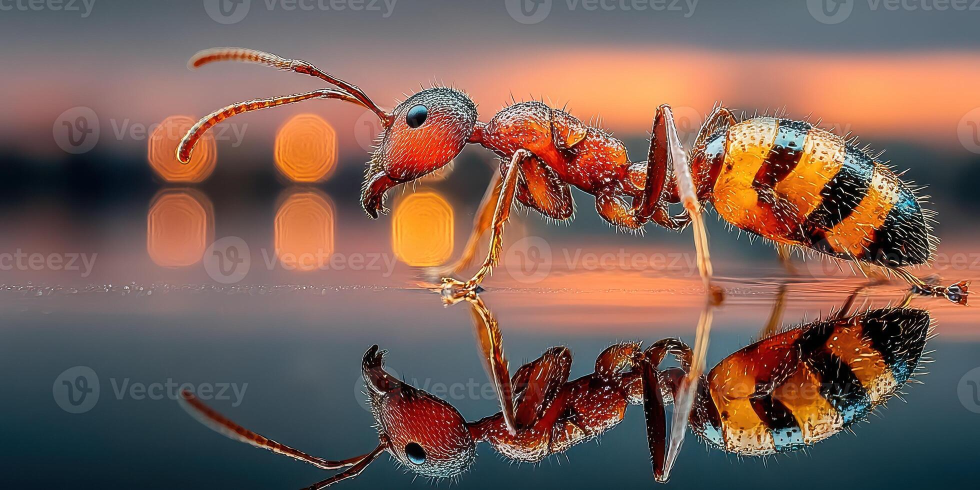 Close-up view of a vibrant ant reflecting on a surface during sunset in a natural setting photo
