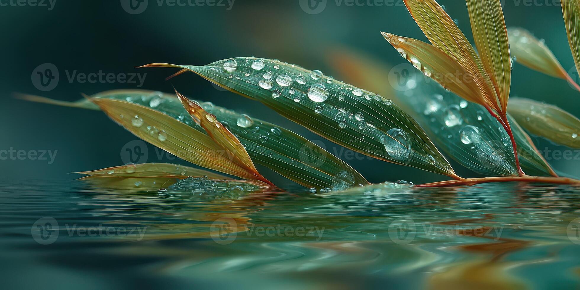 Close-up view of bamboo leaves with water droplets reflecting in calm water surface during early morning hours photo