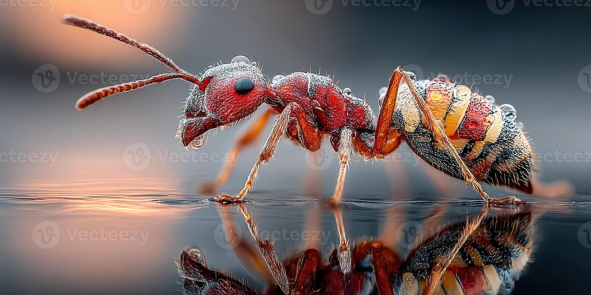 Close-up view of an ant covered in dew drops, showcasing its intricate features and reflections on a smooth surface during the early morning photo