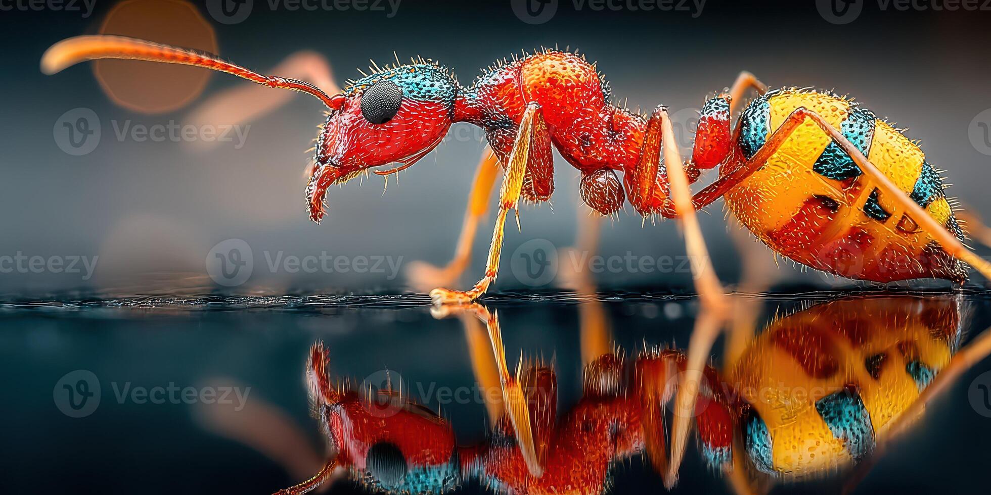 Colorful ant with vibrant patterns and reflective surface showing details in close-up capture during daytime photo