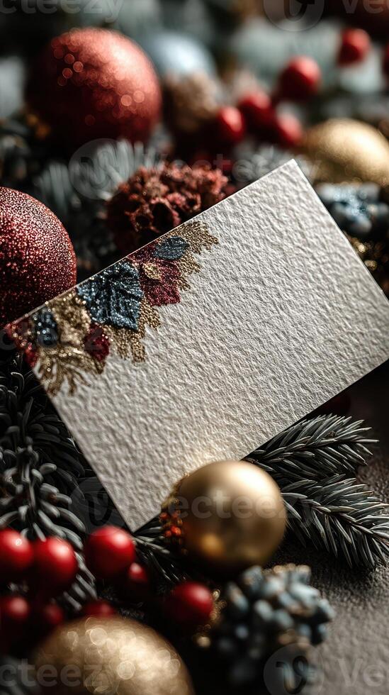 Elegant holiday card surrounded by festive decorations in a cozy setting photo