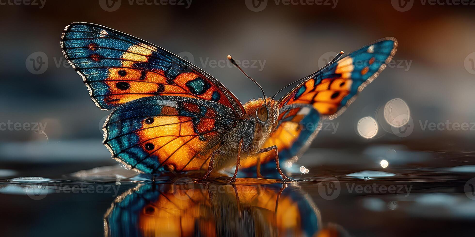 Colorful butterfly perched on water surface in a tranquil natural setting during golden hour photo