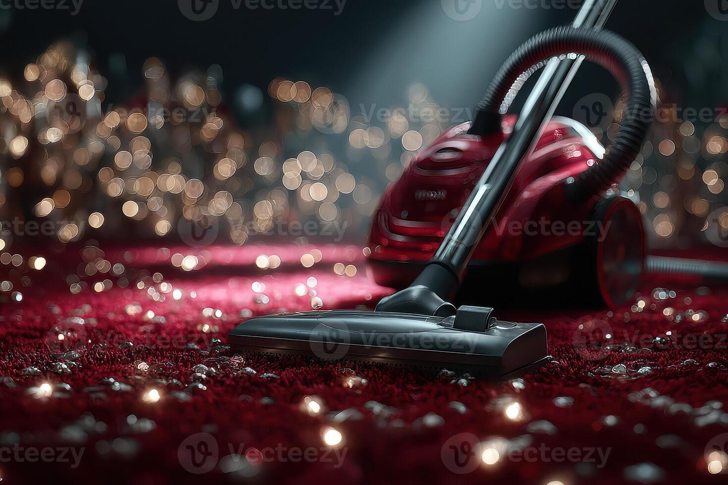 Vacuum cleaning a red carpet with decorative lights in the background during evening hours photo