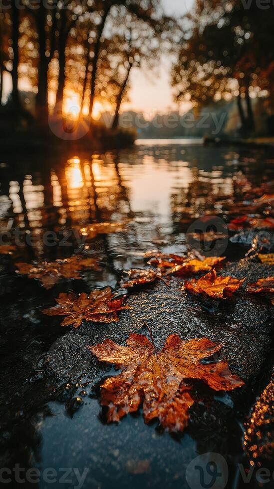 Autumn leaves float on water as sunset casts a warm glow in a peaceful forest setting photo