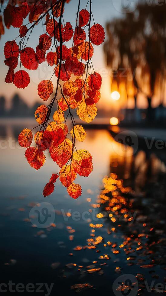 Vibrant autumn leaves reflecting on calm water at sunset in a serene park photo