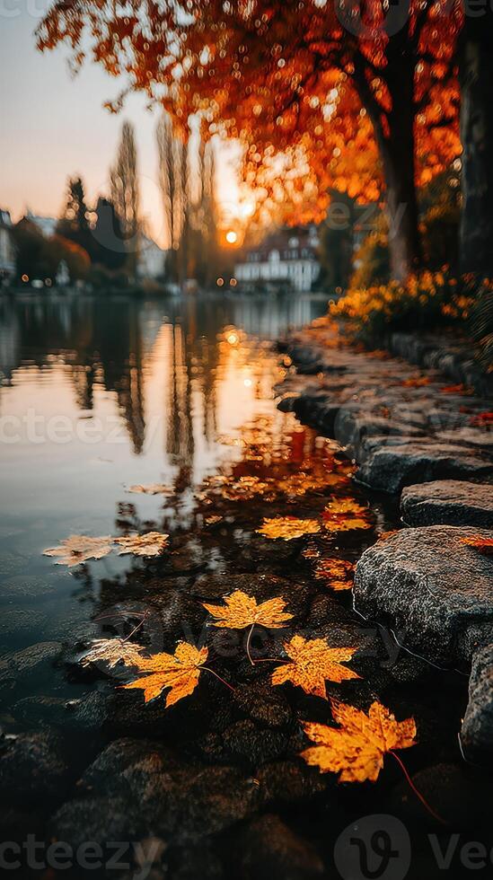 Autumn leaves reflect in calm water at sunset near trees by the lakeshore photo