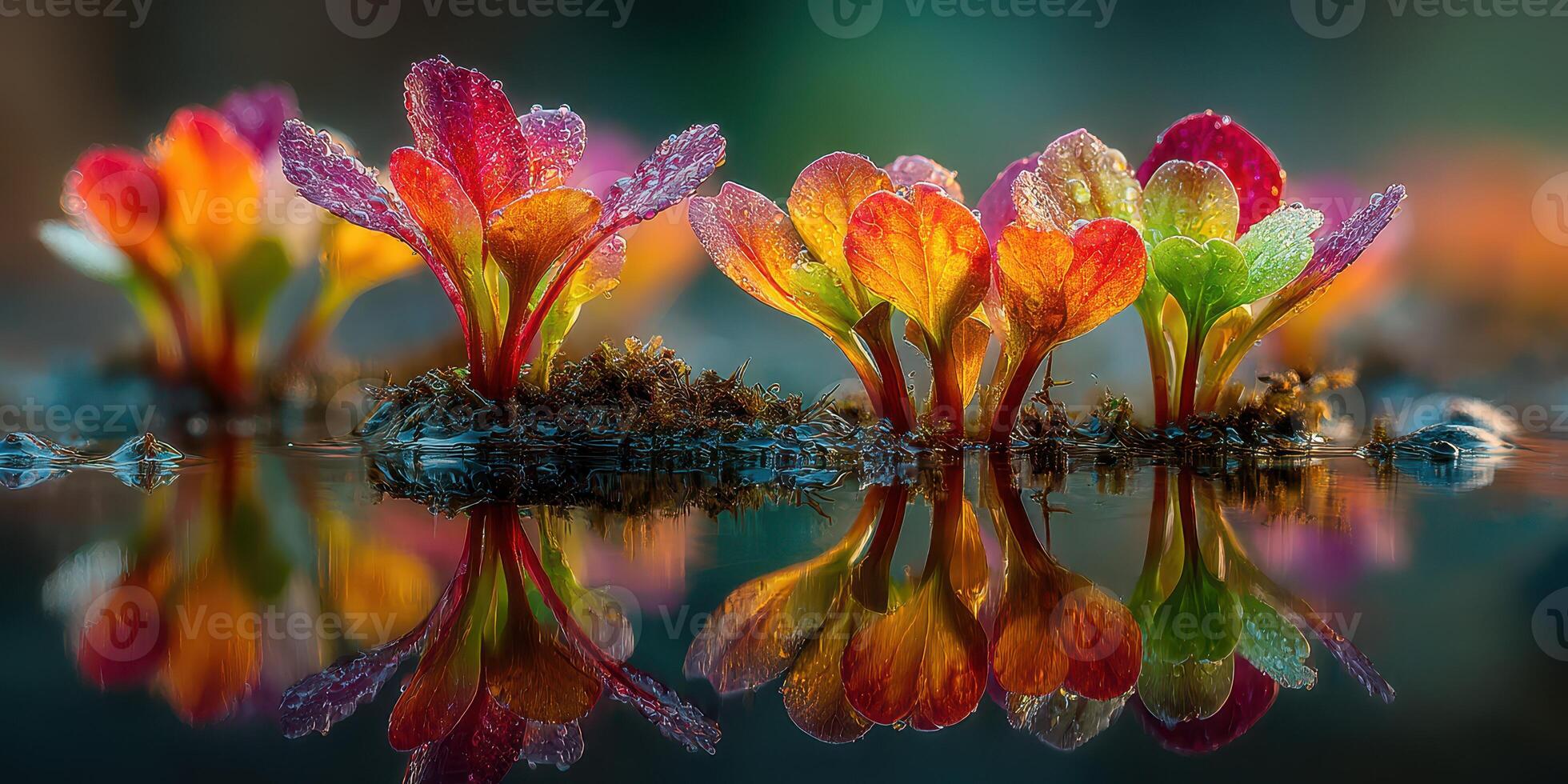 Colorful aquatic plants reflecting on still water during early morning light photo