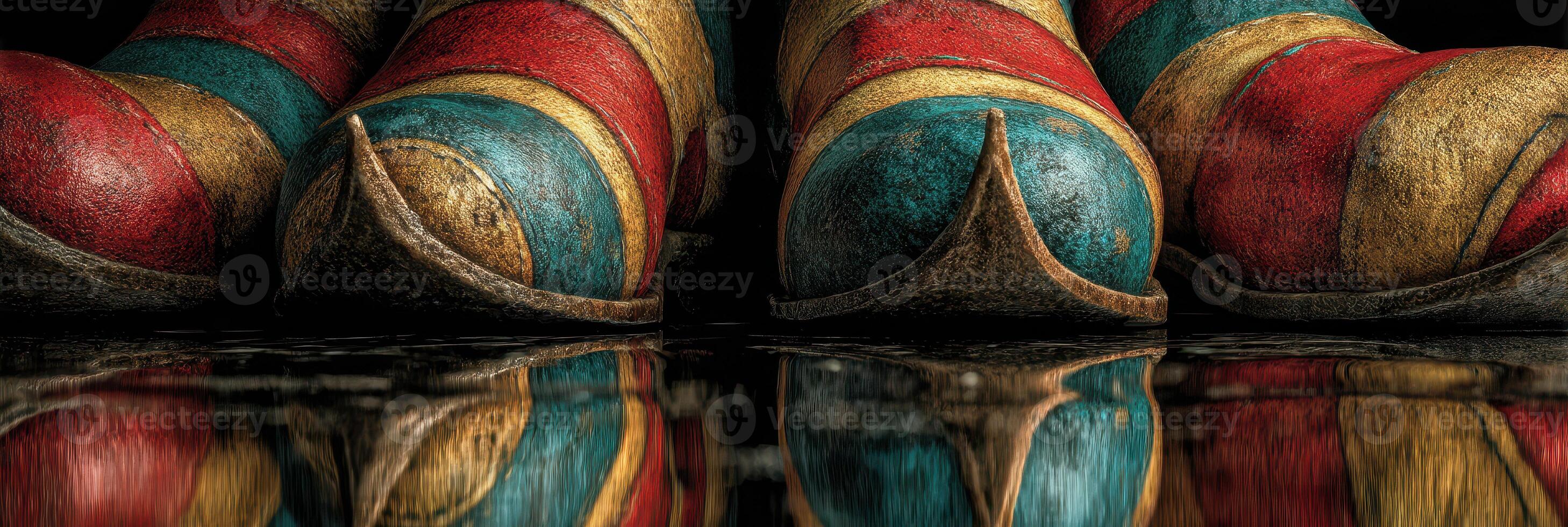 Brightly colored clown shoes reflected on a wet surface in a whimsical setting during a festive event photo