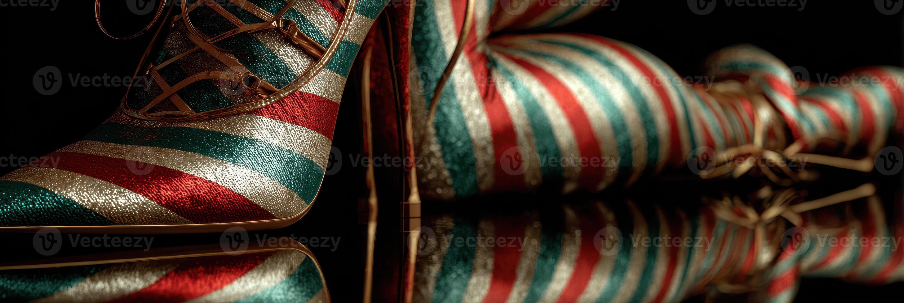 Colorful striped high-heeled shoes shining on a reflective surface for a unique fashion statement photo