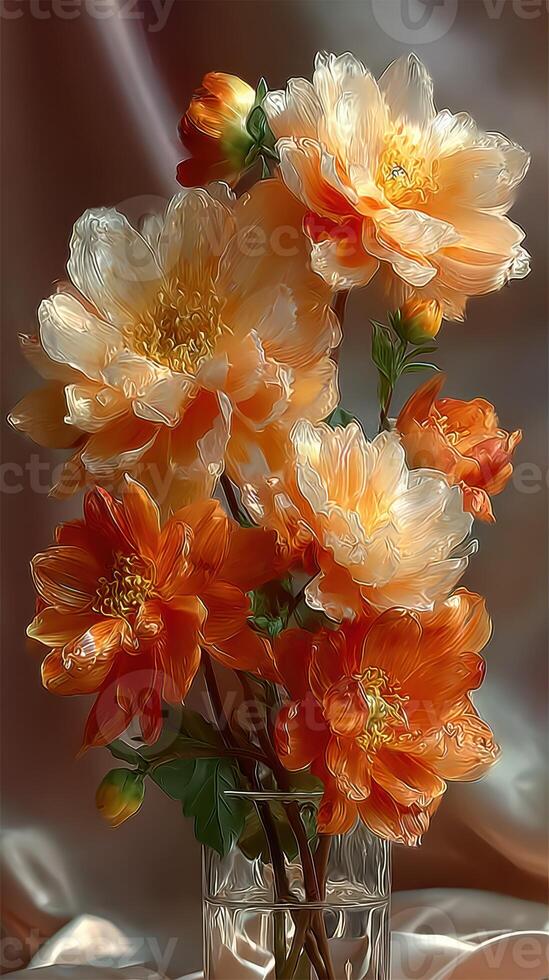 Beautiful bouquet of orange and white flowers in a glass vase against a soft backdrop photo