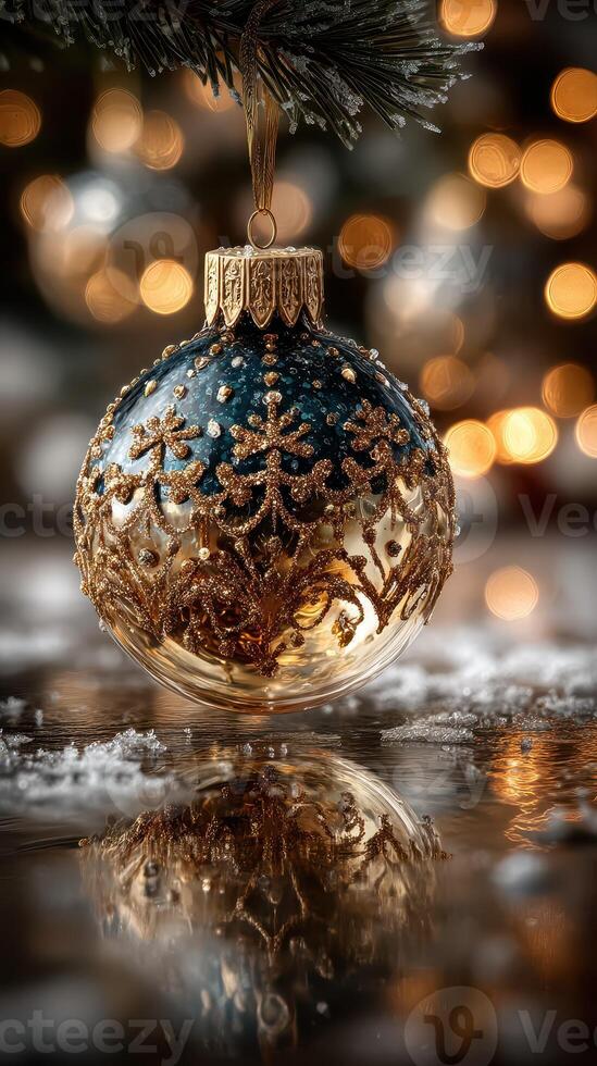 Elegant blue and gold Christmas ornament hanging on evergreen branch creates festive atmosphere with blurred lights in background photo