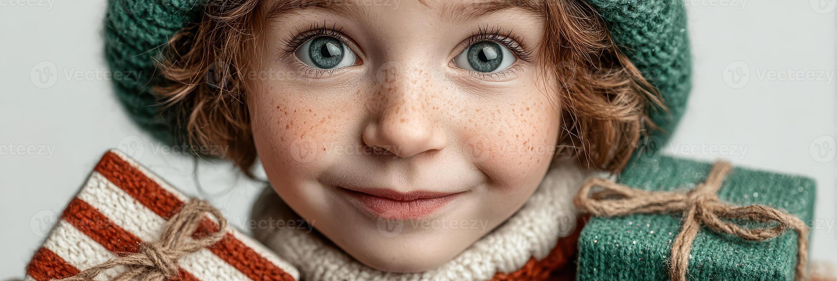 Young child with vibrant eyes and festive decorations holding colorful gifts during the holiday season photo