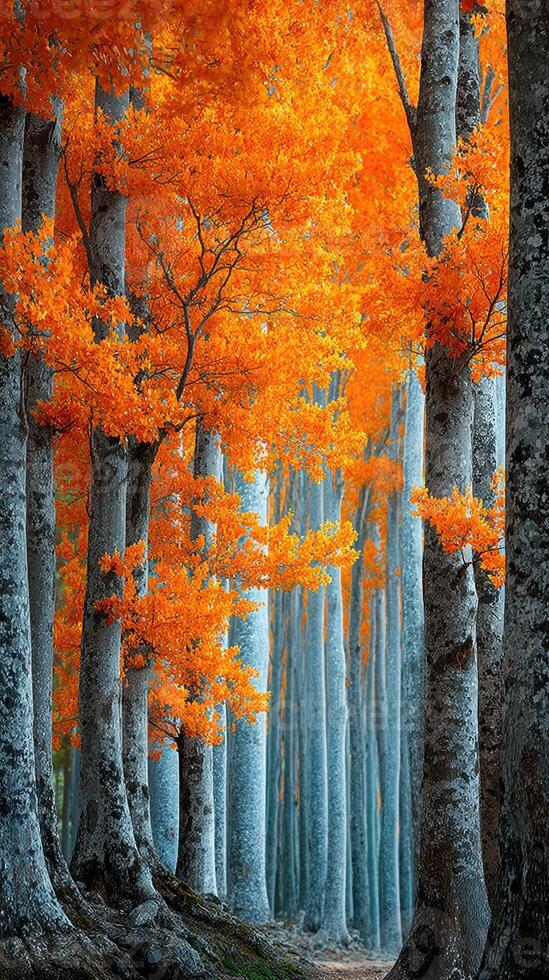 Vibrant autumn foliage illuminates a tranquil forest path in the heart of fall photo