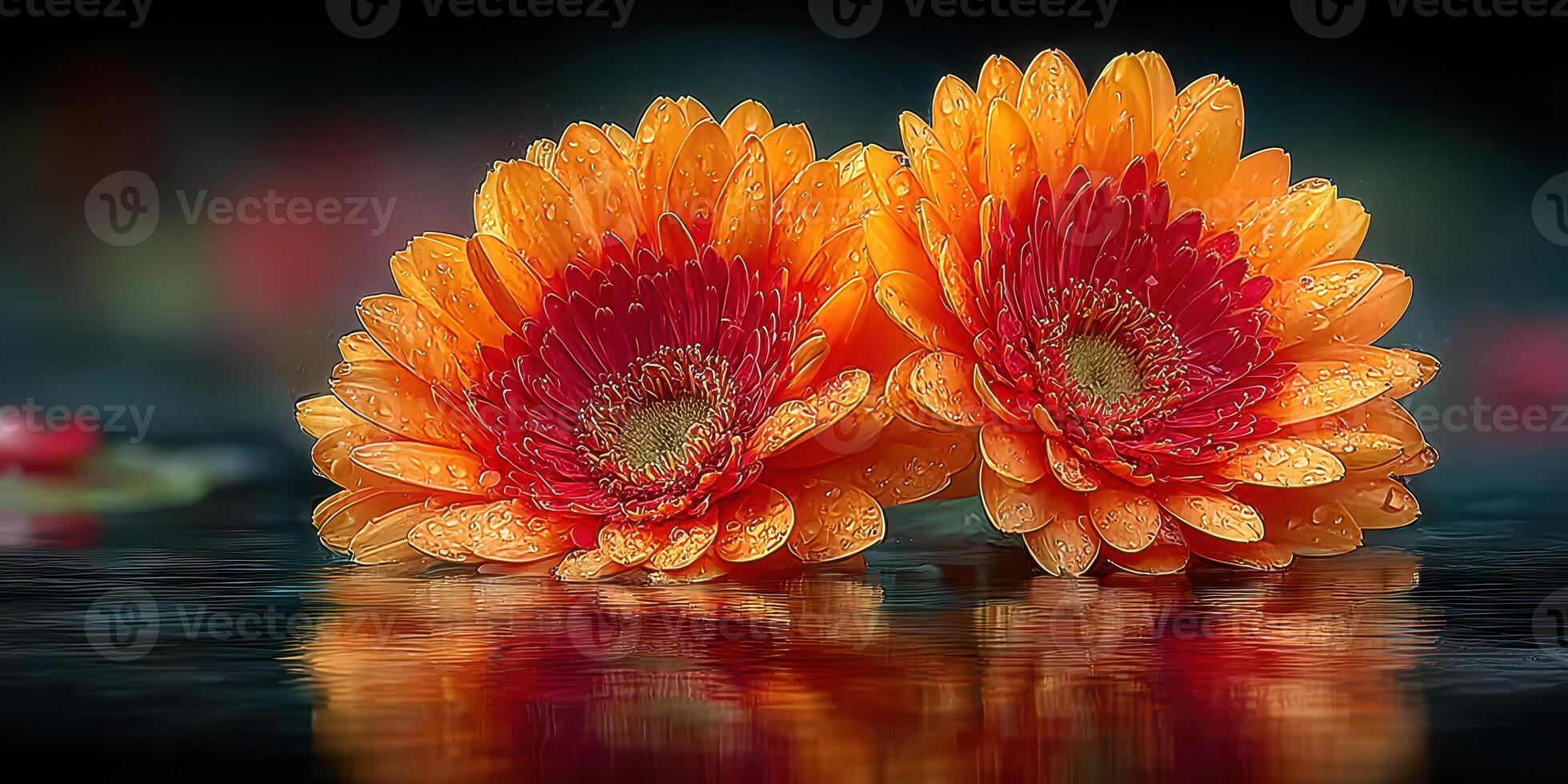 Colorful orange and red flowers with water droplets reflecting on a dark surface in a tranquil setting photo