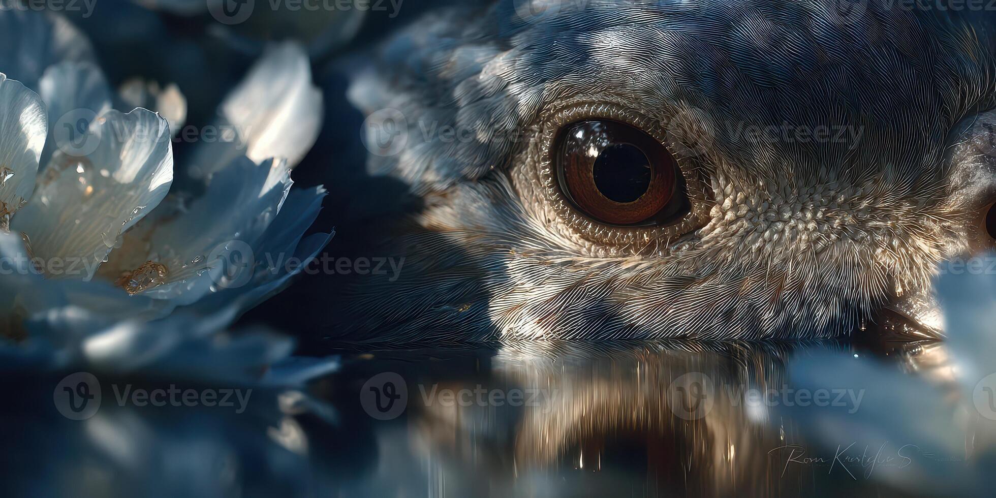 Bird eye peering through blossoms at dawn with soft reflections in serene surroundings photo